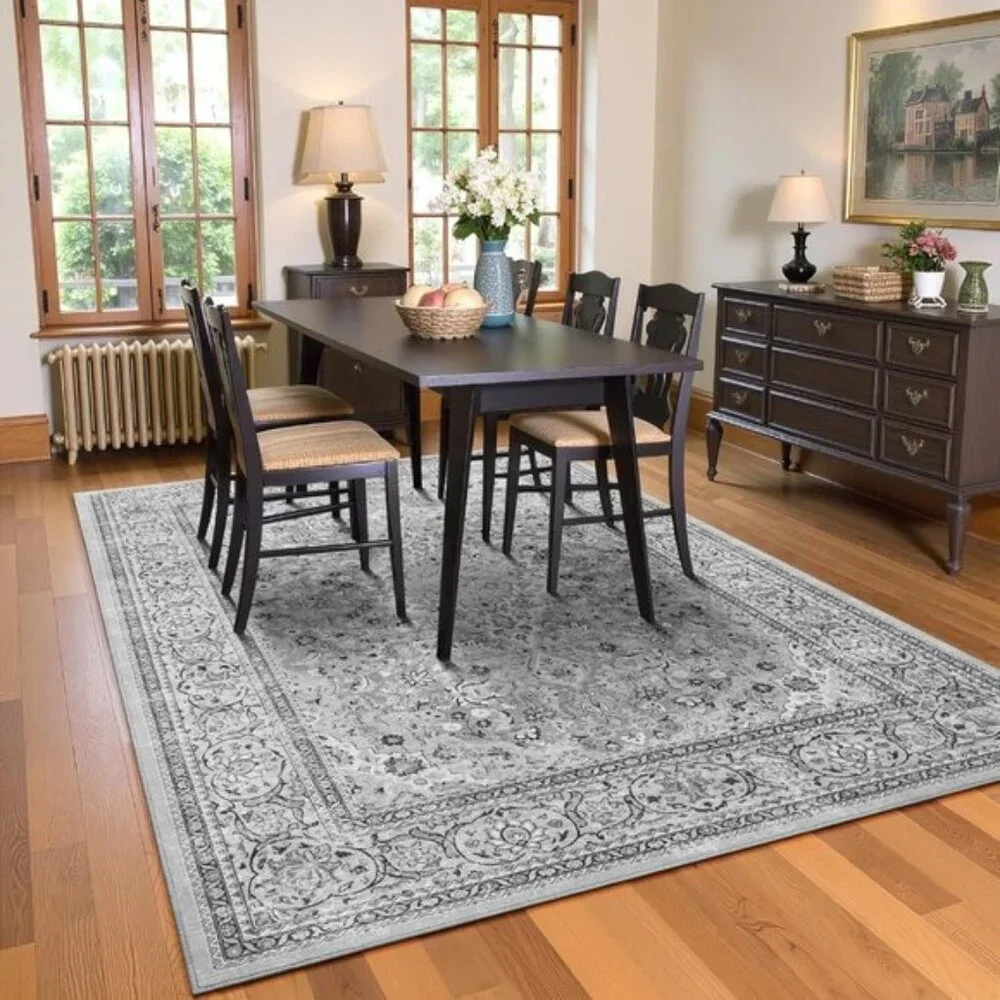 New 4x6 Grey Boho Area Rug, Washable Vintage Non-Slip Carpet for Home & Room